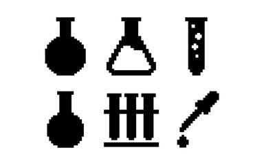 Obraz premium Pixel art science icons: flasks, test tubes, and droppers
