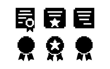 Pixel art awards and certificates: retro style icon set for achievements