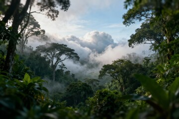 Obraz premium Tropical rainforest with misty clouds