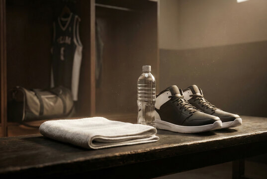 Basketball shoes, water bottle, and towel on wooden bench in locker room before the game