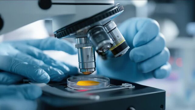 Close-up of a scientist's gloved hands carefully adjusting a sample in a petri dish under a microscope