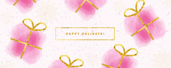 Xmas background design with pink giftbox pattern concept, Merry Christmas and happy new year template banner design for social media post, greeting card, website header banner
