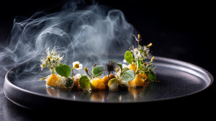Modern gastronomy dish with edible flowers and smoke
