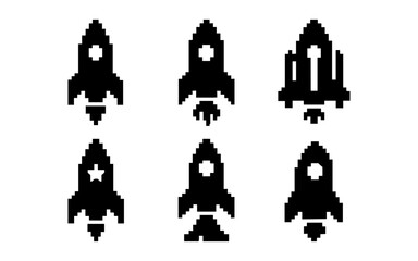Obraz premium Retro pixel rocket icons set featuring various rocket designs in black