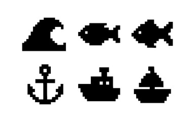 Obraz premium Pixel art nautical icons: wave, fish, anchor, and boats in retro style