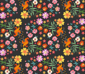Seamless pattern with floral ornament. Colorful flowers and leaves dark background.