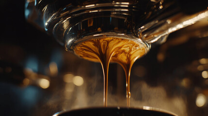 Espresso coffee pouring from machine close-up