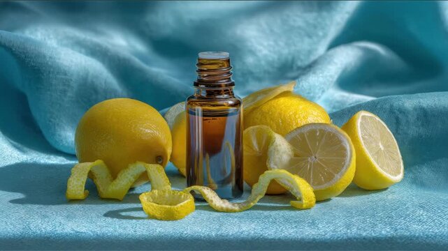 Citrus Freshness: Lemon Oil Bottle, Lemon Slices, and Zest on a Turquoise Background