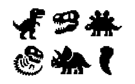 Pixel art dinosaur icons: t-rex, skull, triceratops, fossil, stegosaurus