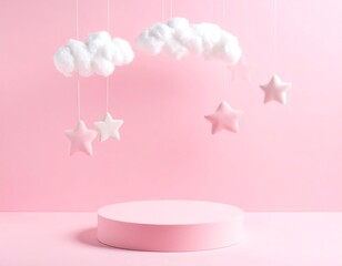 Soft pink baby scene floating clouds, stars, and pedestal