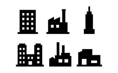 Obraz premium Silhouette icons of urban buildings and factories in minimalist black and white style