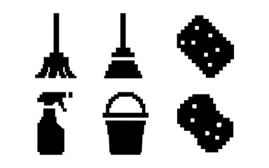 Pixel art cleaning tools set: mop, plunger, bucket, spray bottle, sponges