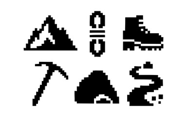 Naklejka premium Pixel art mountain adventure icons: hiking, climbing, outdoor gear