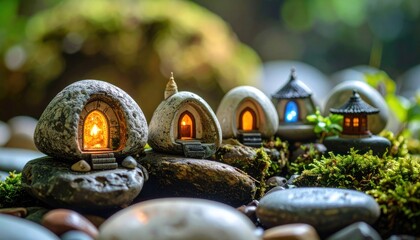 Miniature Fairy Houses in Garden with Stone Homes, and Fantasy Scene.