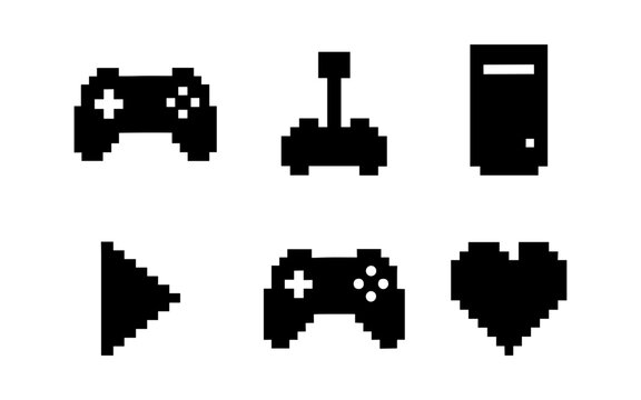 Retro pixel gaming icons set featuring controllers and console