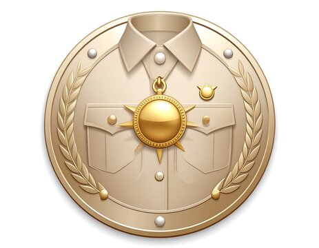 Stylized, circular badge with uniform, gold sunburst, and laurel wreath - Powered by Adobe