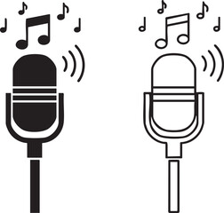 Vintage microphone silhouette with musical notes isolated on transparent background