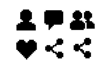 Pixel art icons set: user, speech bubble, group, heart, share