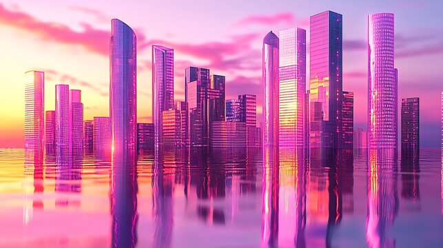 Vibrant neon cityscape reflected in water at sunset, featuring modern futuristic skyscrapers and a surreal urban skyline with pink and purple skies.