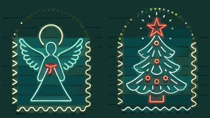 Neon angel and Christmas tree decorations bring modern holiday cheer and festive vibes for seasonal greetings