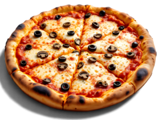 Top view set of six Italian pizzas including pepperoni, seafood, BBQ chicken and ham on wooden background, AI generated vector PNG with free text space for menu design, ads and branding.