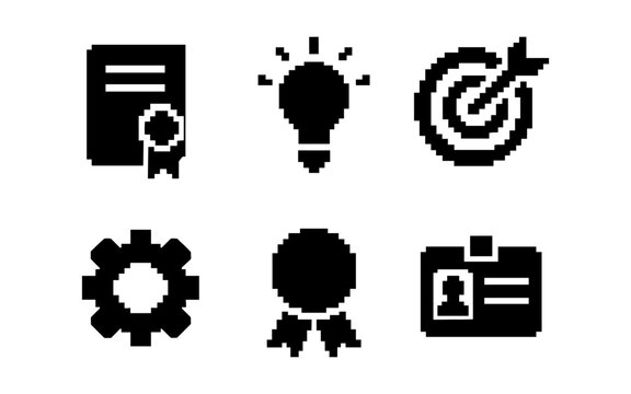 Pixel art icons: certificate, innovation, goal, settings, award, id card