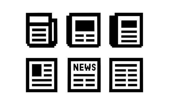 Black and white newspaper icon set for digital and print media design