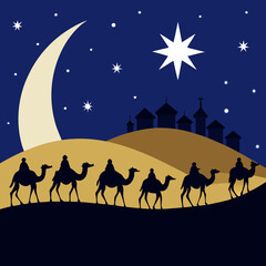 Three wise men journeying on camels under a crescent moon and starry night