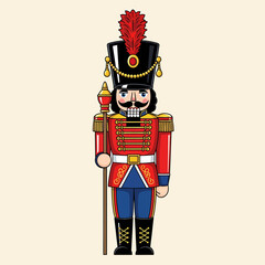 Classic Christmas nutcracker toy soldier illustration in a festive red uniform and tall plumed hat. Traditional holiday decoration isolated