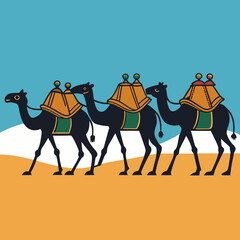 Three camels walking in a desert caravan