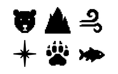 Obraz premium Retro pixel nature icons: bear, mountain, wind, star, paw, fish