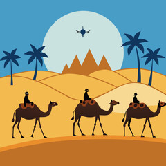 Three wise men riding camels across desert landscape with pyramids and palm trees