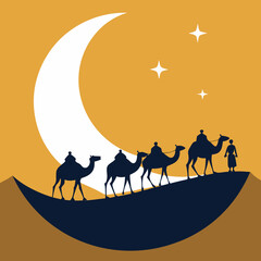 Caravan of camels silhouetted against a crescent moon and starry night sky