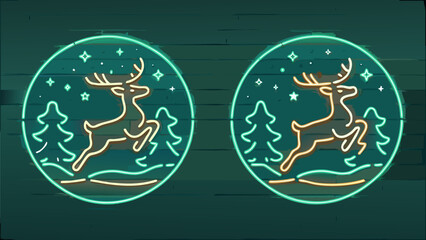 Festive neon reindeer leaping through winter forest, offering whimsical holiday charm for seasonal designs