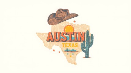 illustration pencil vector art featuring a map of Texas, specifically highlighting Austin