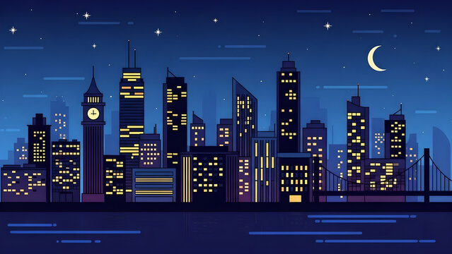 Stunning cartoon cityscape at night with glowing windows and crescent moon, perfect for modern designs or urban lifestyle concepts, a captivating city skyline
