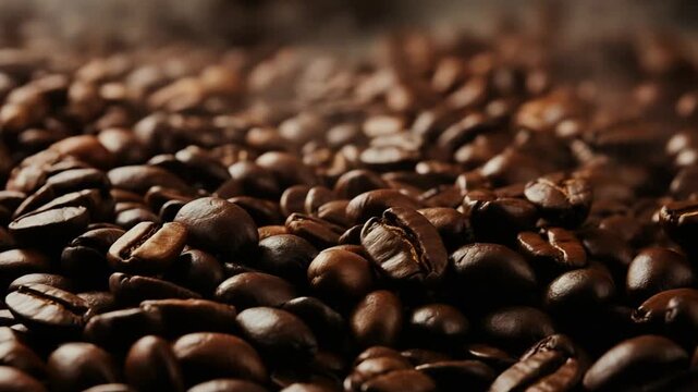 4K Ultra-Realistic Cinematic Close-Up of Freshly Roasted Coffee Beans with Rising Steam
