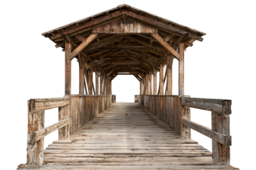 Rustic covered wooden bridge isolated on transparent background