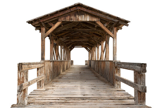 Rustic covered wooden bridge isolated on transparent background