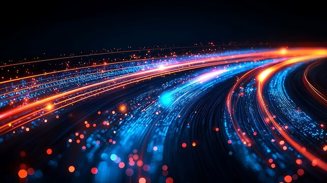 Abstract background of glowing blue and orange light lines representing data flow, digital communication, optical fiber technology, and high-speed network connections. - Powered by Adobe