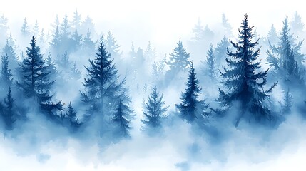 Obraz premium Misty Blue Watercolor Winter Forest Landscape with Pine Trees