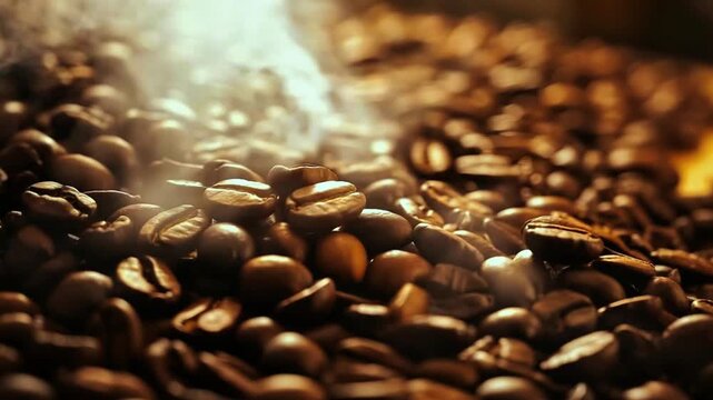 4K Ultra-Realistic Cinematic Close-Up of Freshly Roasted Coffee Beans with Rising Steam