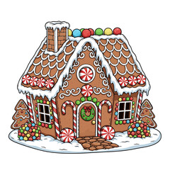 A festive cartoon gingerbread house decorated with colorful candy, sweet icing, and holiday treats for the Christmas season