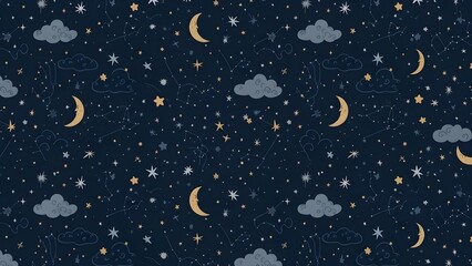A dreamy night sky pattern with clouds moons and stars scattered across it.