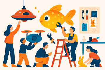 People working together to fix various items in a creative workshop setting.