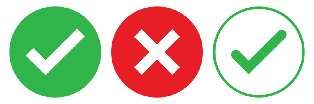 Right and wrong vector icon set rounded color black outline, flat rounded check mark, cross, x mark, circle shape thin line tick mark symbol. Approval and rejection signs isolated on white background