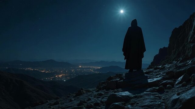 Mysterious Prophet Silhouette Standing Watch Over Bethlehem at Midnight, a Stirring Religious Scene in Dramatic 4K Video Footage