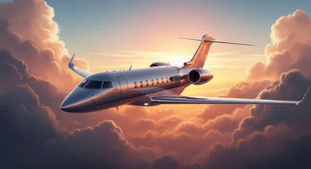 Private jet soaring through dramatic sunset clouds aviation art