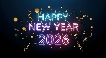 “Happy New Year 2026” is written in glowing neon letters surrounded by floating golden confetti on a dark gradient background.