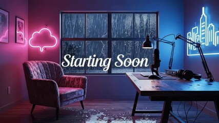 Podcast Studio Starting Soon: Neon and Rainy Night. Cozy Streamer Room with City View. Stream starting soon screen, vtuber asset zoom OBS.
